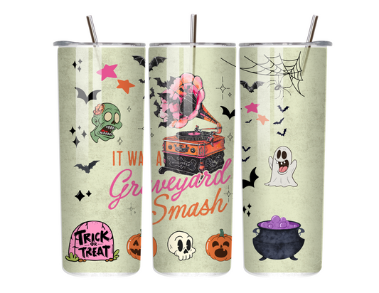 Graveyard Grooves & Ghoul Tunes – 20oz Halloween Tumbler with Record Player & Ghosts
