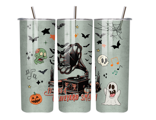 Haunted Hits & Halloween Vibes – 20oz Vintage Record Player Tumbler with Bats & Ghosts