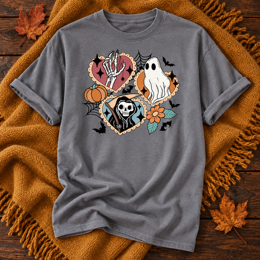 Gray Halloween Heart Squad T-shirt with three heart motifs featuring a skeleton hand, ghost and hooded skeleton