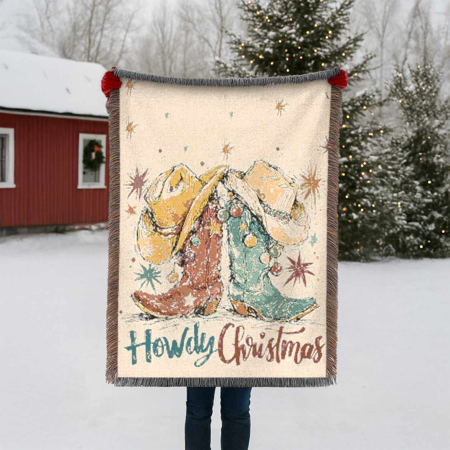 Christmas Cowboy Boots Woven Blanket | Southwestern Holiday Throw, Western Decor, Festive Home Gift, Rustic Living Room Accessory, Cozy