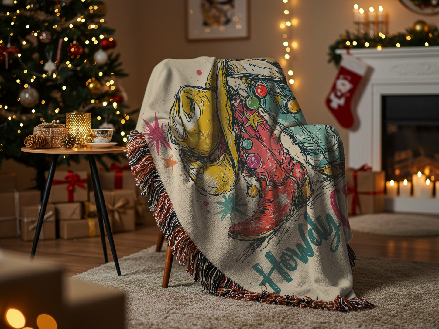 Christmas Cowboy Boots Woven Blanket | Southwestern Holiday Throw, Western Decor, Festive Home Gift, Rustic Living Room Accessory, Cozy