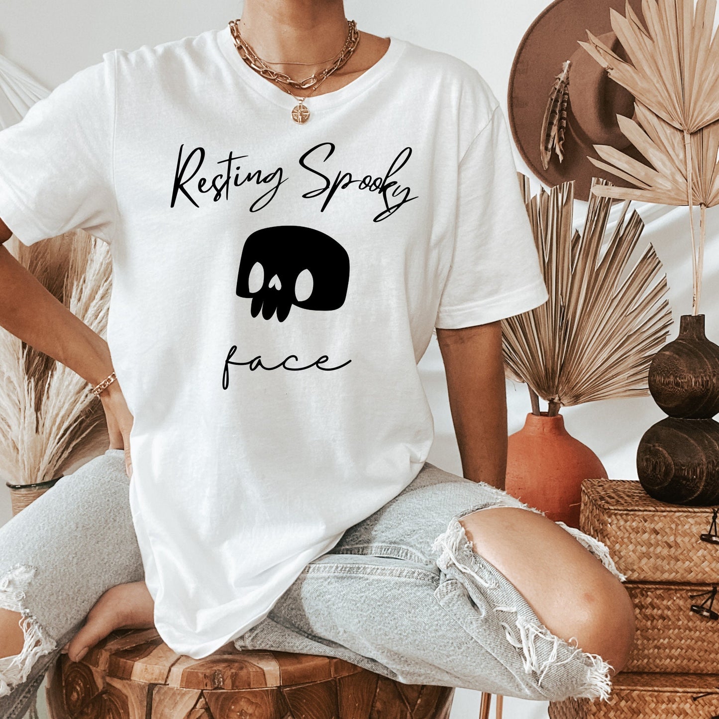Womens Resting Spooky Face Tshirt, Back and Front Design Halloween Shirt, Fall Tee, Spooky season T-Shirt, Spooky vibes, Halloween gift