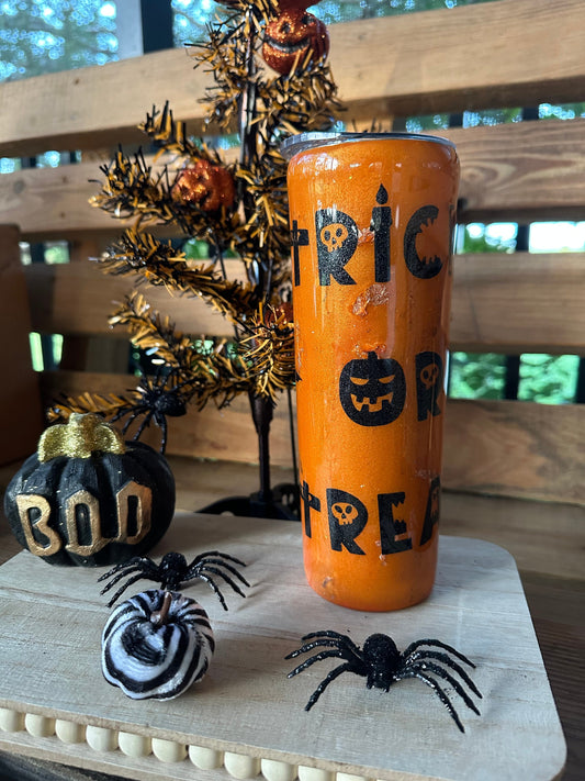 Orange Iridescent Glitter Halloween Tumbler, Trick or Treat Epoxy Tumbler - Halloween Drinkware, Shimmering Bat Tumbler