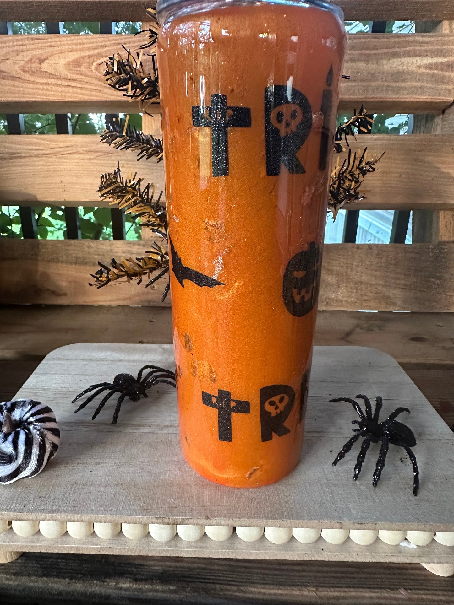 Orange Iridescent Glitter Halloween Tumbler, Trick or Treat Epoxy Tumbler - Halloween Drinkware, Shimmering Bat Tumbler