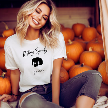 Womens Resting Spooky Face Tshirt, Back and Front Design Halloween Shirt, Fall Tee, Spooky season T-Shirt, Spooky vibes, Halloween gift