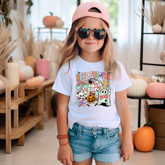 Girls 'I'm Here for the Boos' Tee - Retro Halloween Ghost & Pumpkin Design - Vintage-Inspired Spooky Shirt