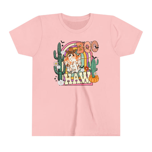 Boo Haw - Girls Western Halloween Tee - Cowgirl Ghost Design - Spooky Rodeo Shirt for Kids