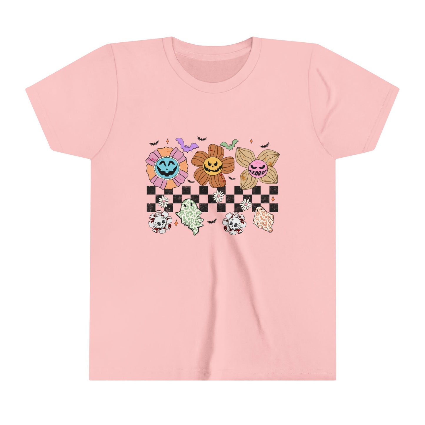 Girls Halloween Vibes Tee - Retro Flower Ghost Design - Cute & Spooky Floral Shirt