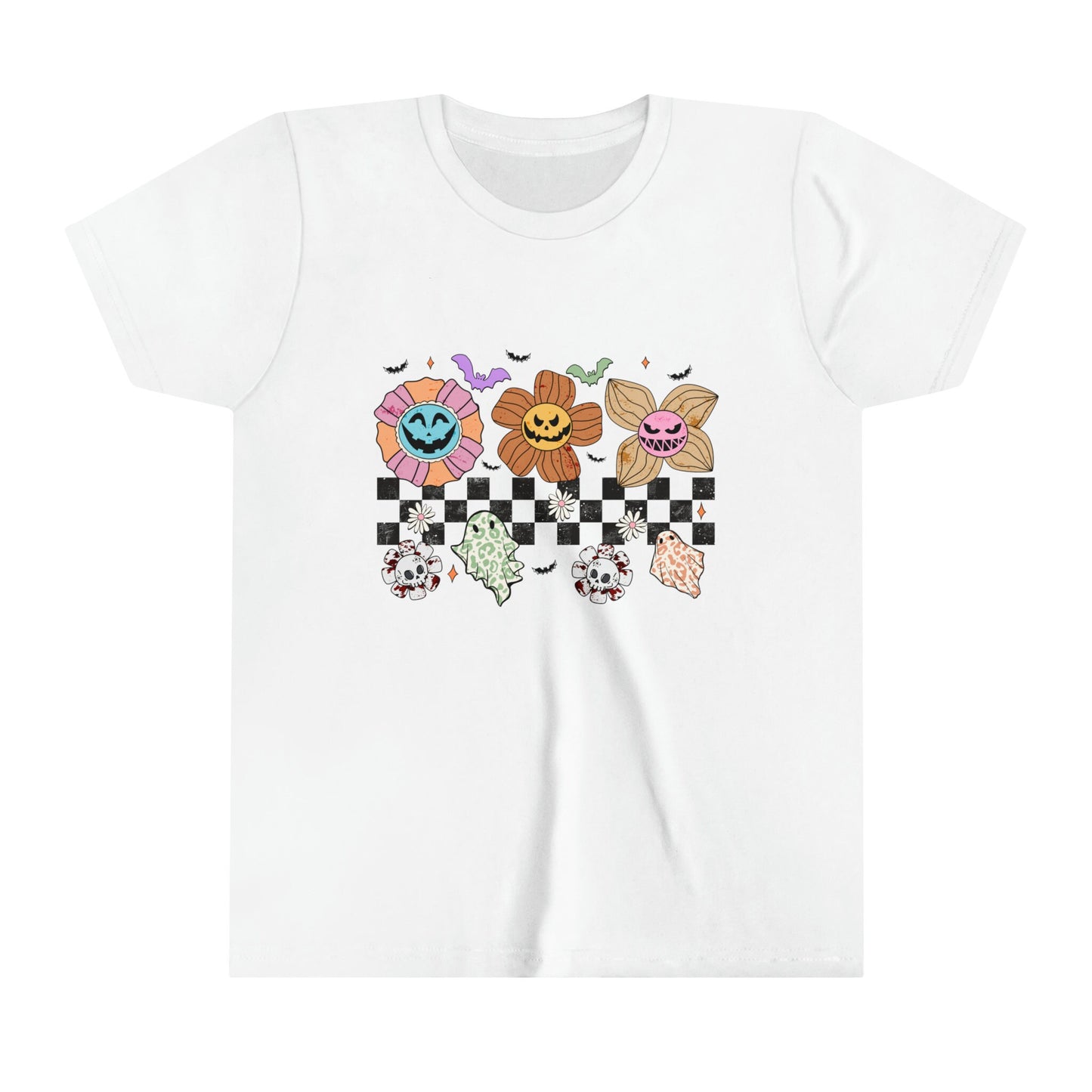 Girls Halloween Vibes Tee - Retro Flower Ghost Design - Cute & Spooky Floral Shirt