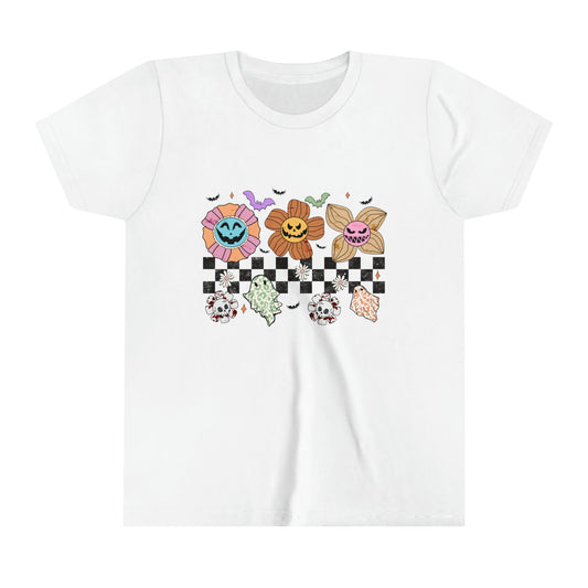 Girls Halloween Vibes Tee - Retro Flower Ghost Design - Cute & Spooky Floral Shirt