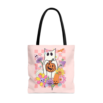 Retro Cat Halloween Tote Bag - Mushrooms & Pumpkins - Spooky Style