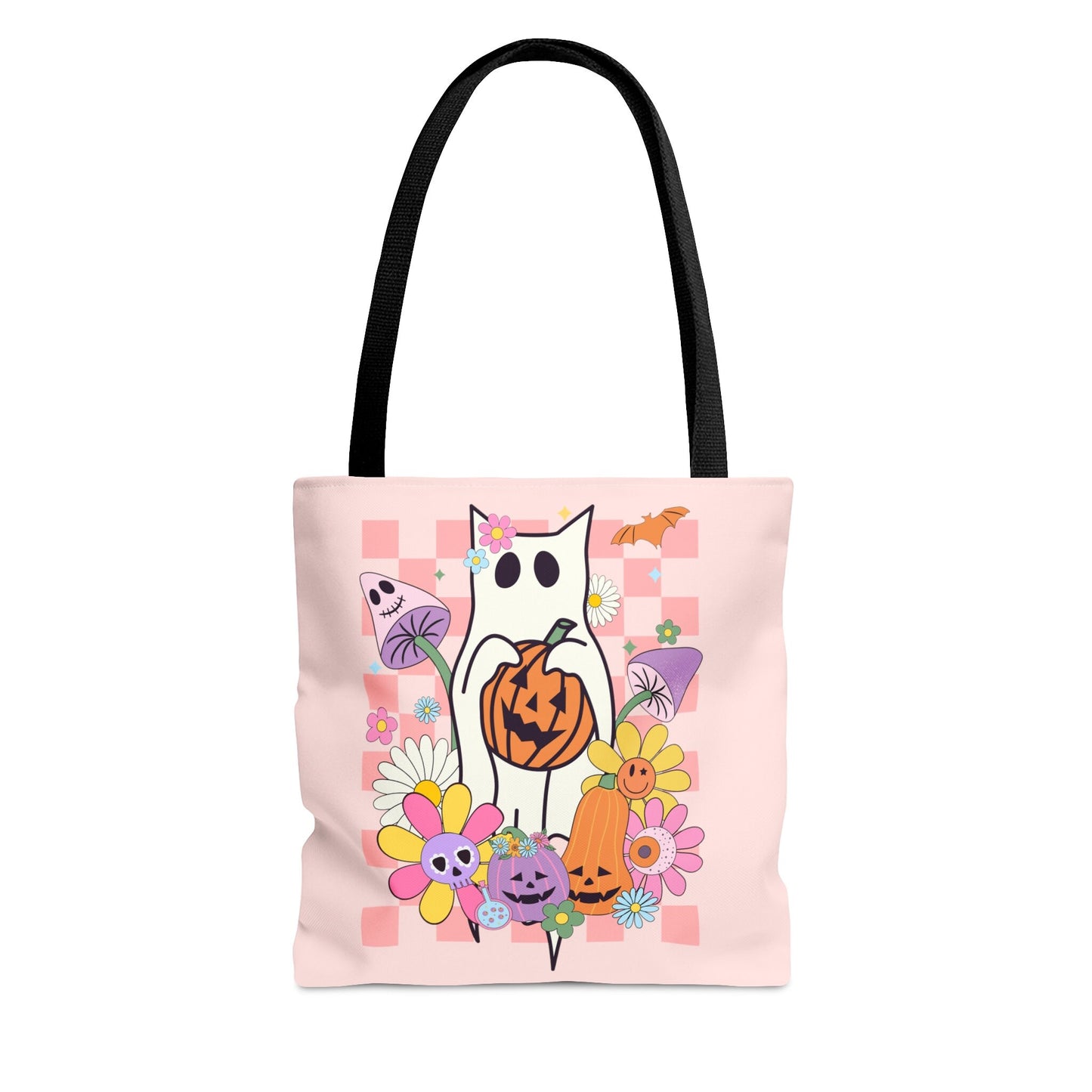 Retro Cat Halloween Tote Bag - Mushrooms & Pumpkins - Spooky Style