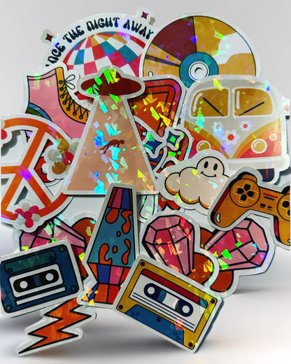 90s Retro Sticker Pack Nostalgia Sticker Pack - 22 Pack Holographic Stickers -Vintage 90's Baby Rollerskates, Ringpop, vhs, Hippie Stickers