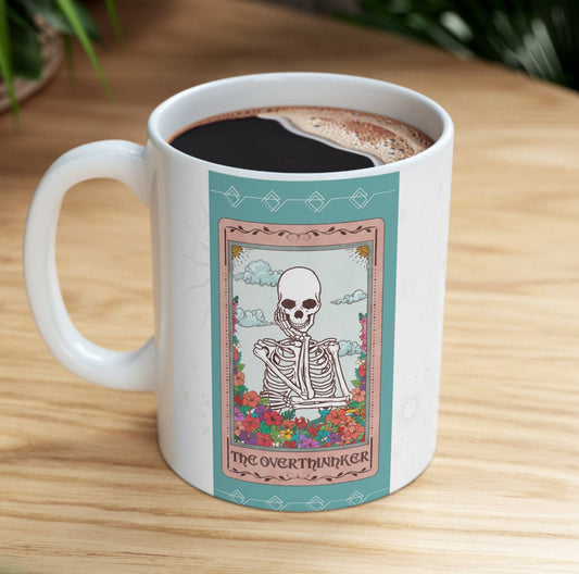 The Overthinker Tarot Card Mug, Skeleton Funny Mug, Skeleton Tarot Card Goth Mug, Skeleton Gifts, Book Lover Gift, Tarot Mug Gift Collection