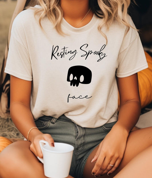 Womens Resting Spooky Face Tshirt, Back and Front Design Halloween Shirt, Fall Tee, Spooky season T-Shirt, Spooky vibes, Halloween gift