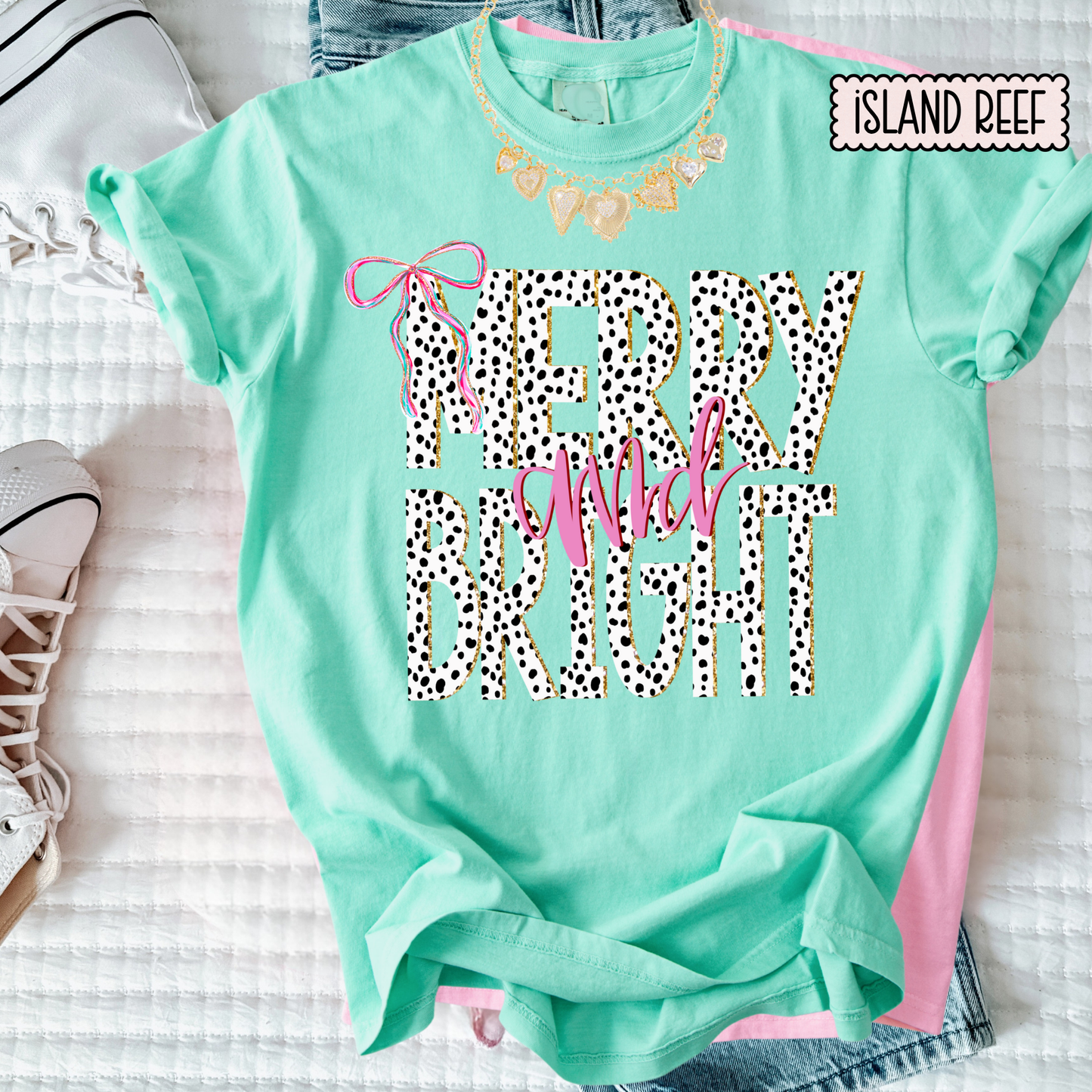 Merry & Bright Dalmatian Print Christmas Tee – Girly Holiday Graphic T-Shirt for Women