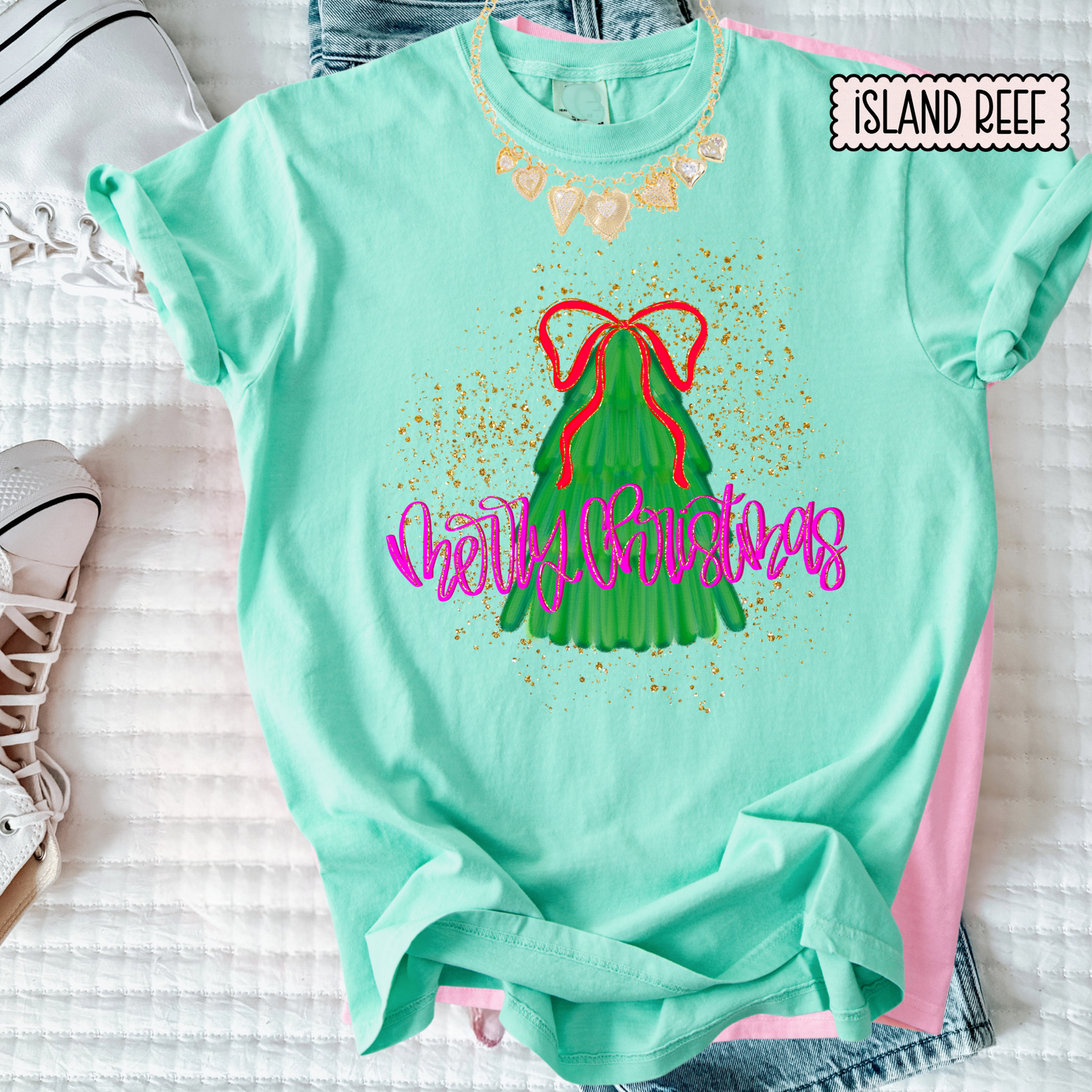 Coquette Christmas Shirt | Deck the Halls Tee for Women | Pink Retro Holiday Graphic Tee