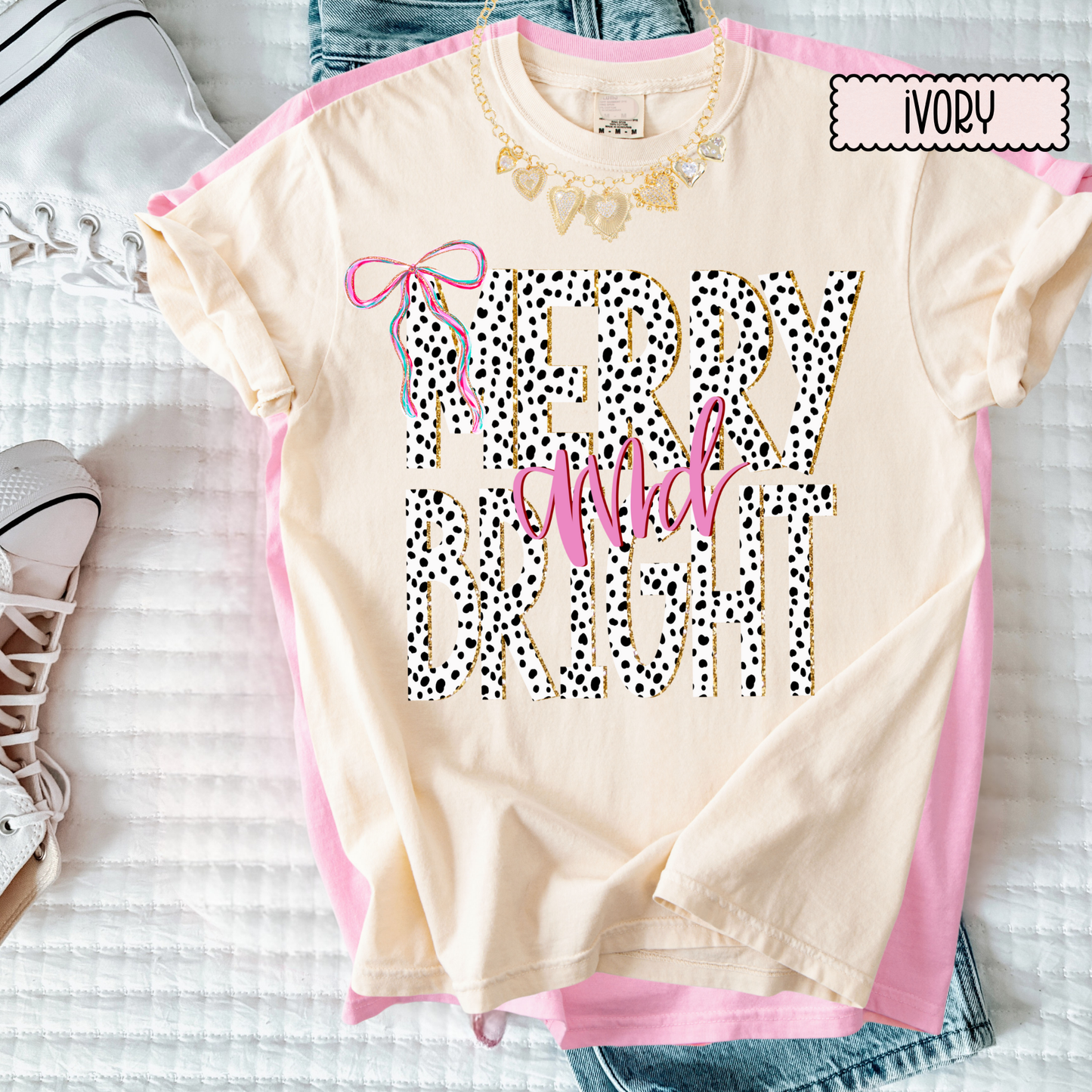 Merry & Bright Dalmatian Print Christmas Tee – Girly Holiday Graphic T-Shirt for Women