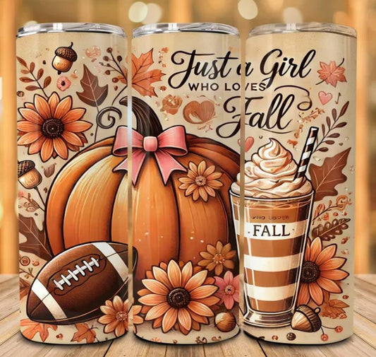 Just a Girl Who Loves Fall 20 oz Tumbler – Autumn Pumpkin & Latte Tumbler