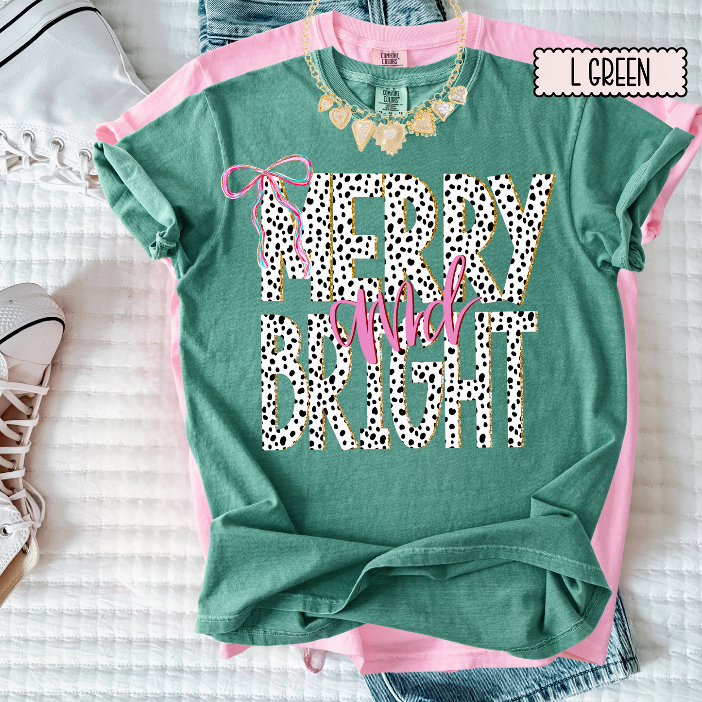 Merry & Bright Dalmatian Print Christmas Tee – Girly Holiday Graphic T-Shirt for Women