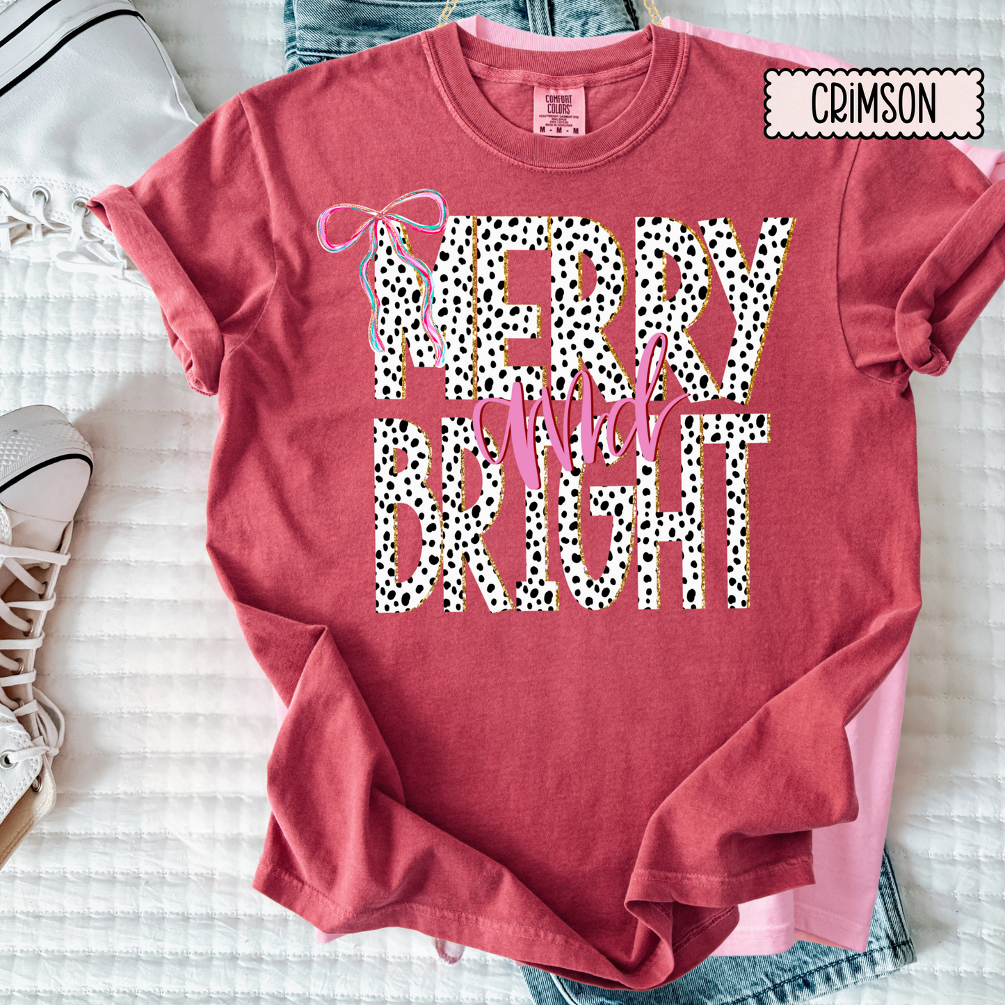 Merry & Bright Dalmatian Print Christmas Tee – Girly Holiday Graphic T-Shirt for Women