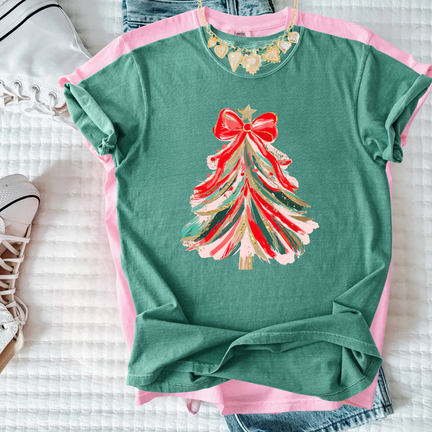 Whimsical Christmas Tree Bow T-Shirt – Festive Holiday Graphic Tee for Women