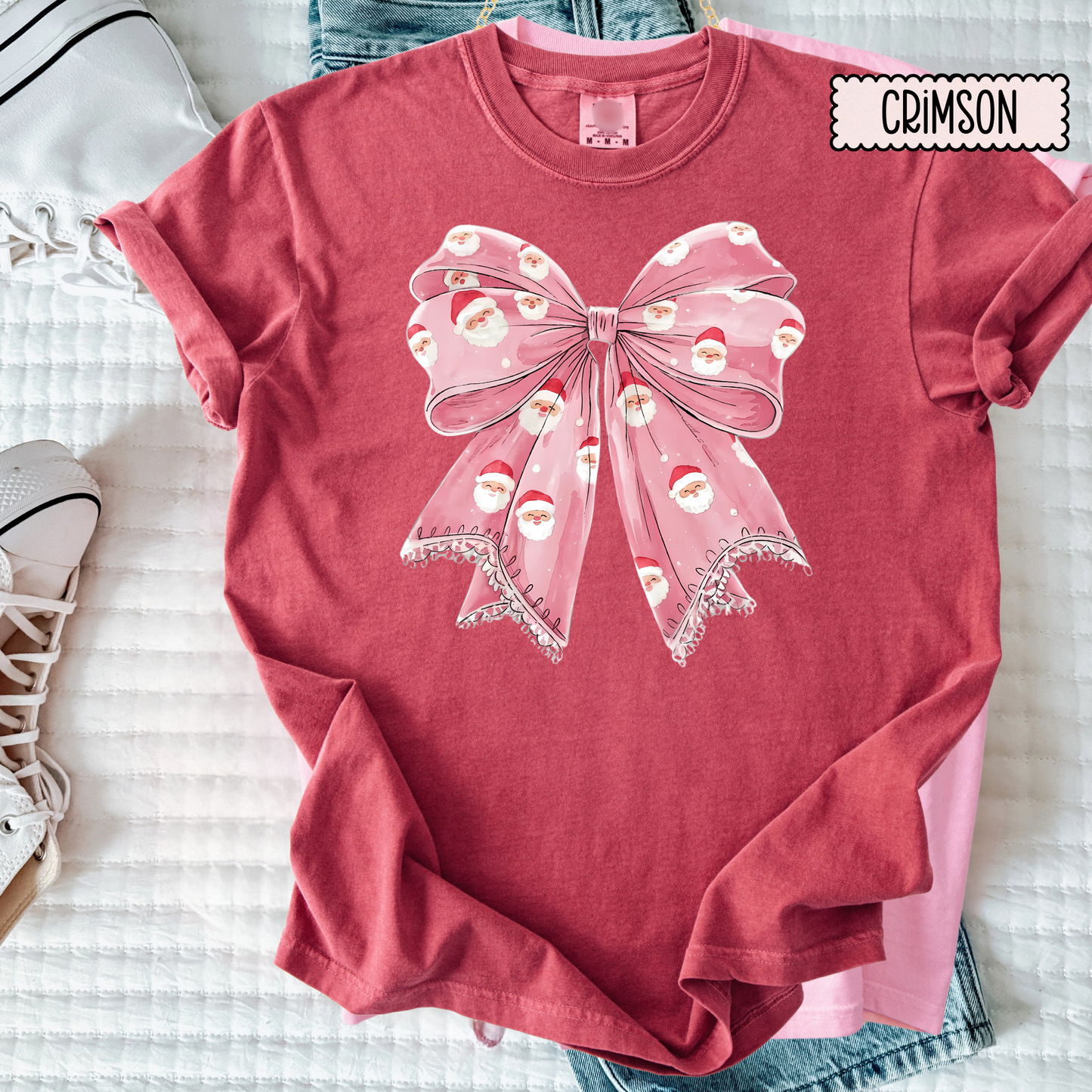 Sweet Holiday Bow Christmas Tee | Girly Festive Ribbon Shirt | Cute Doodle Santa Bow Top for Women
