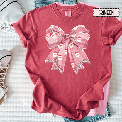 Sweet Holiday Bow Christmas Tee | Girly Festive Ribbon Shirt | Cute Doodle Santa Bow Top for Women