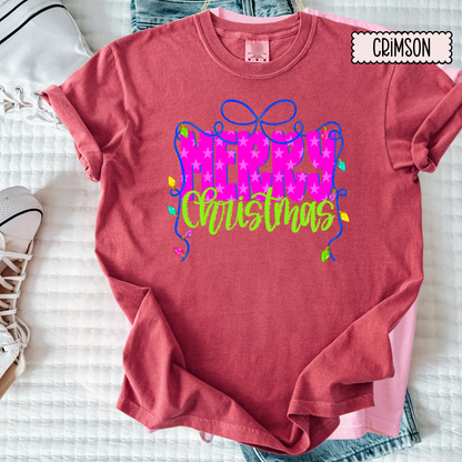 Merry Bow Christmas Tee | Colorful Girly Holiday Shirt | Bright Festive Bow Christmas Top