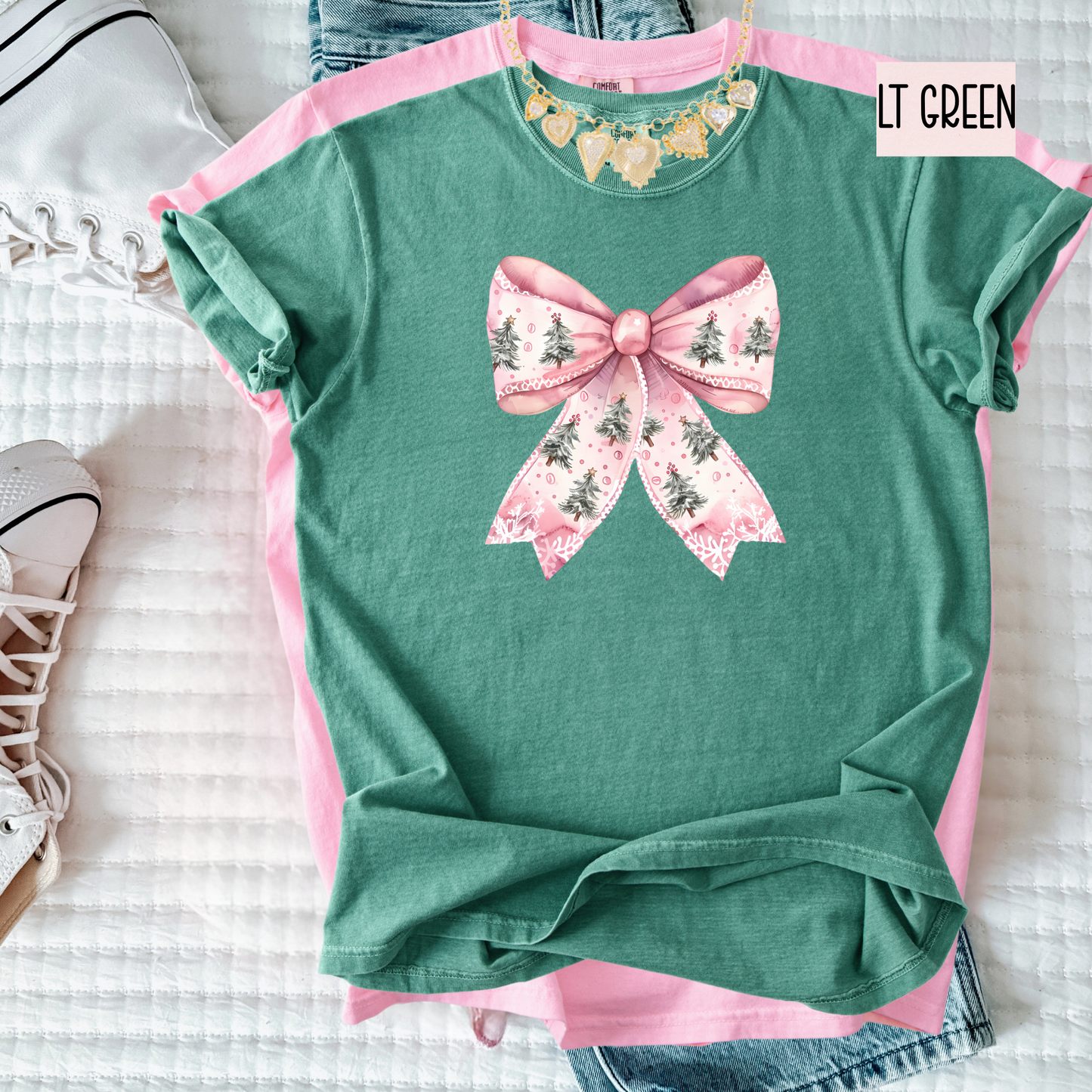 Pink Christmas Bow Shirt – Girly Holiday Comfort Colors Tee