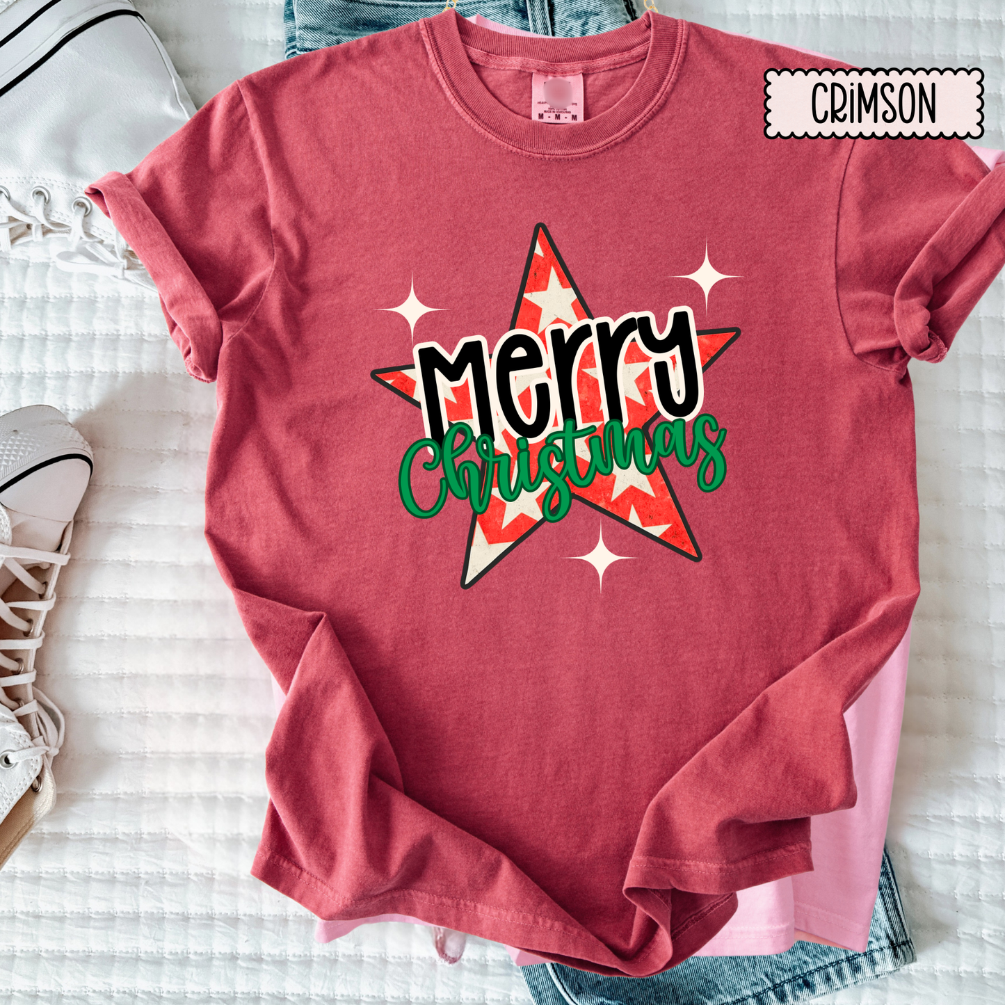 Merry Christmas Star Shirt | Retro Christmas Graphic Tee | Cute Holiday Shirt for Women’s T-Shirt