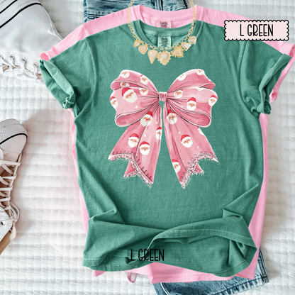 Sweet Holiday Bow Christmas Tee | Girly Festive Ribbon Shirt | Cute Doodle Santa Bow Top for Women