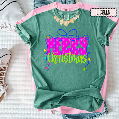 Merry Bow Christmas Tee | Colorful Girly Holiday Shirt | Bright Festive Bow Christmas Top