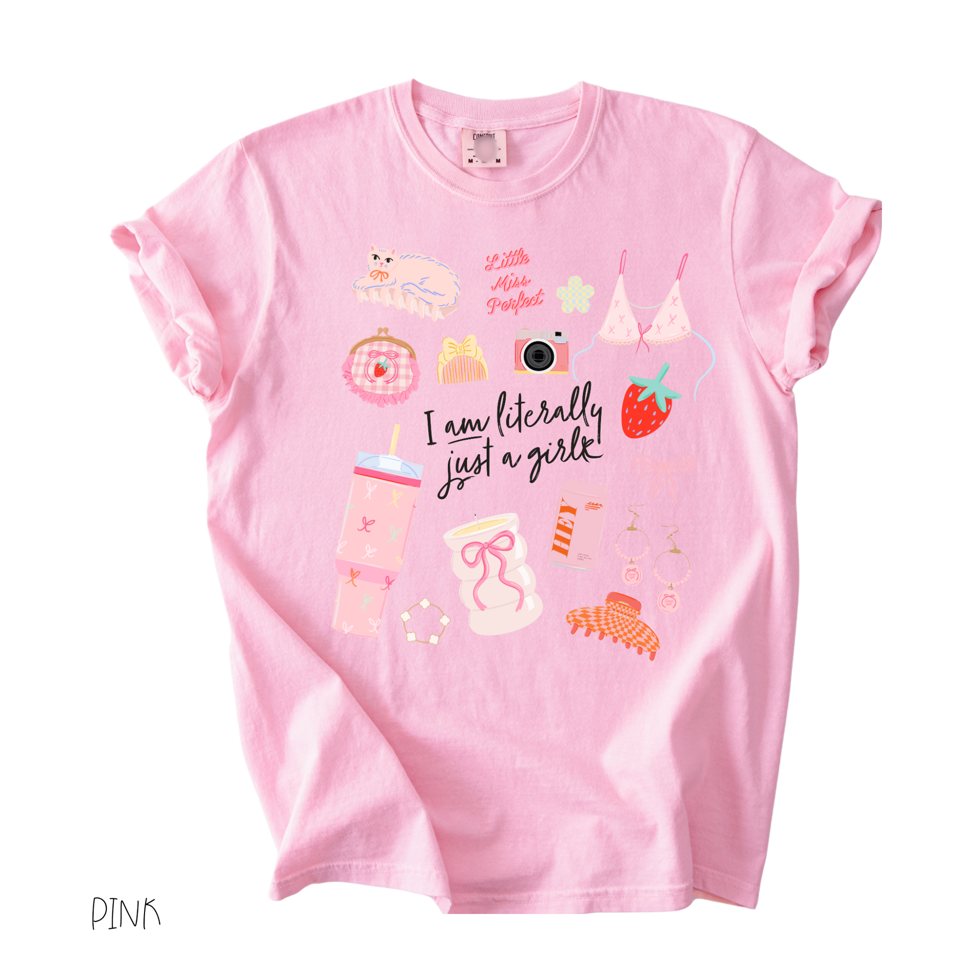 Literally Just a Girl graphic t-shirt in pink with pastel girly doodle design