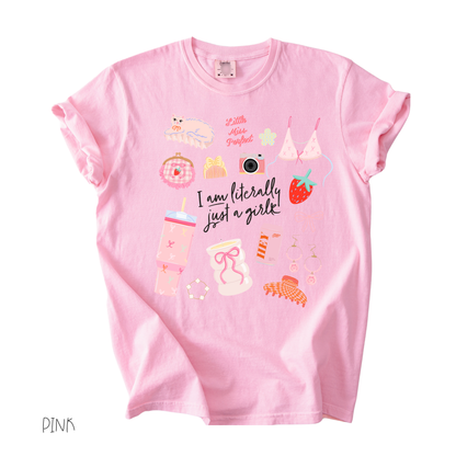 Literally Just a Girl graphic t-shirt in pink with pastel girly doodle design