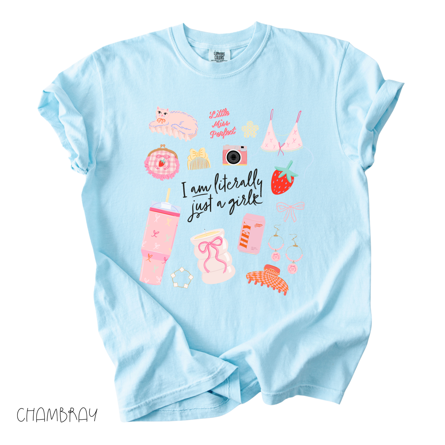 Literally Just a Girl graphic t-shirt in blue with soft pastel girly graphics