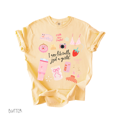 Literally Just a Girl graphic t-shirt in butter yellow with cute feminine icons