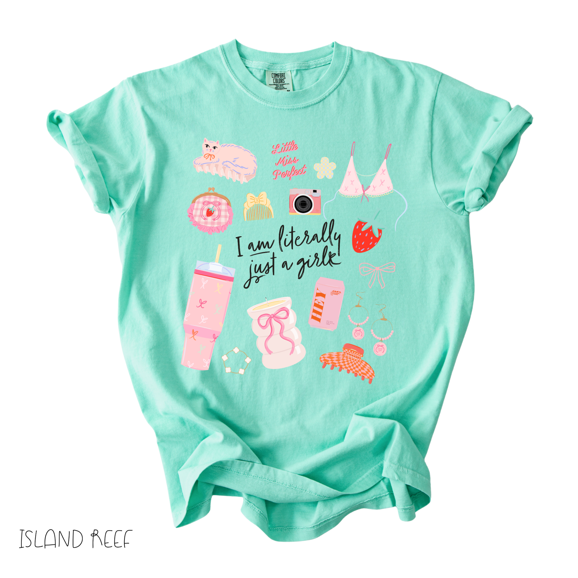 Literally Just a Girl graphic t-shirt in mint green with girly icon collage design