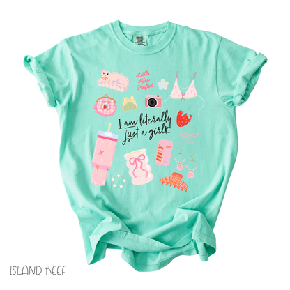 Literally Just a Girl graphic t-shirt in mint green with girly icon collage design