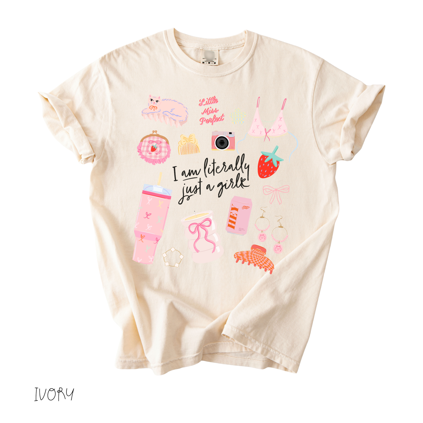 Literally Just a Girl graphic t-shirt in ivory with soft pastel girly artwork
