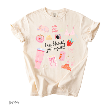 Literally Just a Girl graphic t-shirt in ivory with soft pastel girly artwork