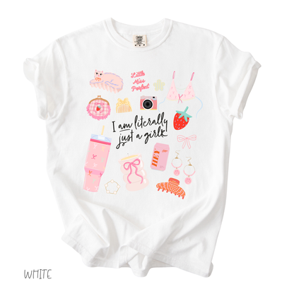 Literally Just a Girl graphic t-shirt in white with playful feminine illustrations