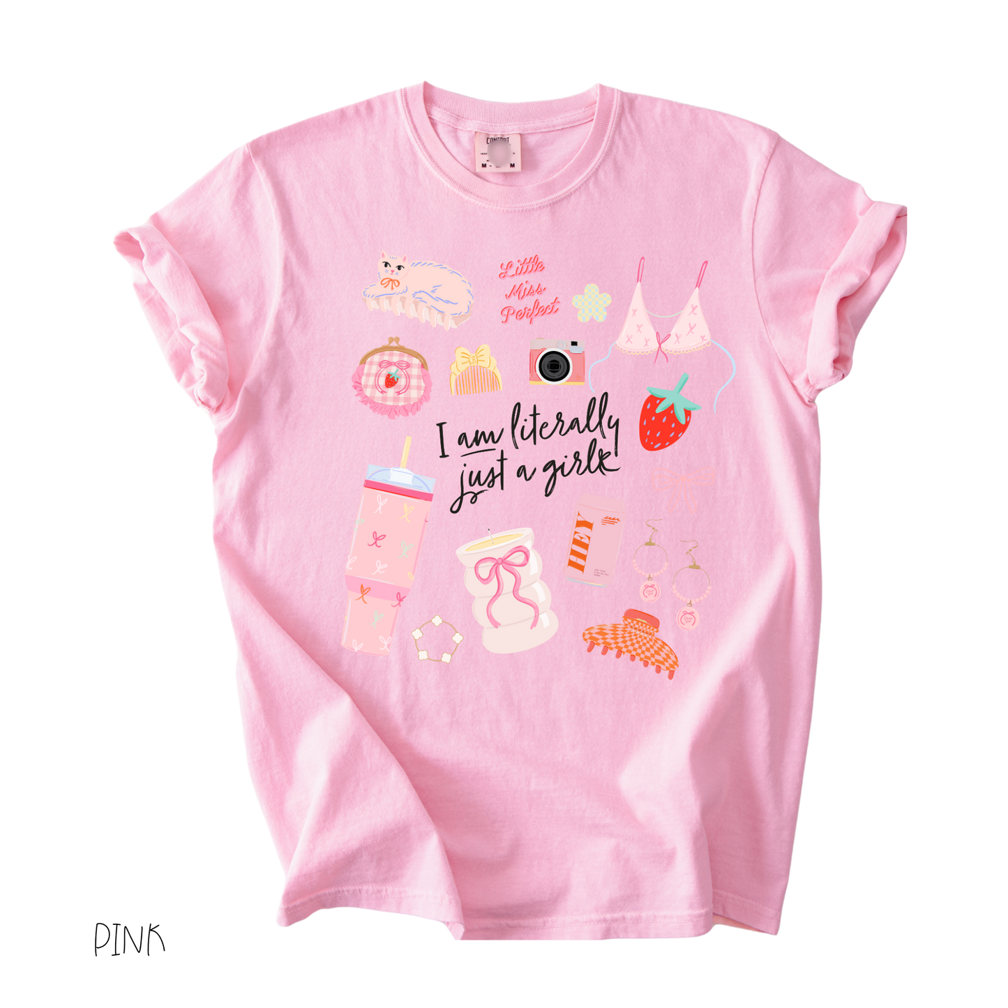 Literally Just a Girl graphic t-shirt featuring pastel girly icons, bows, camera, and cute aesthetic illustrations
