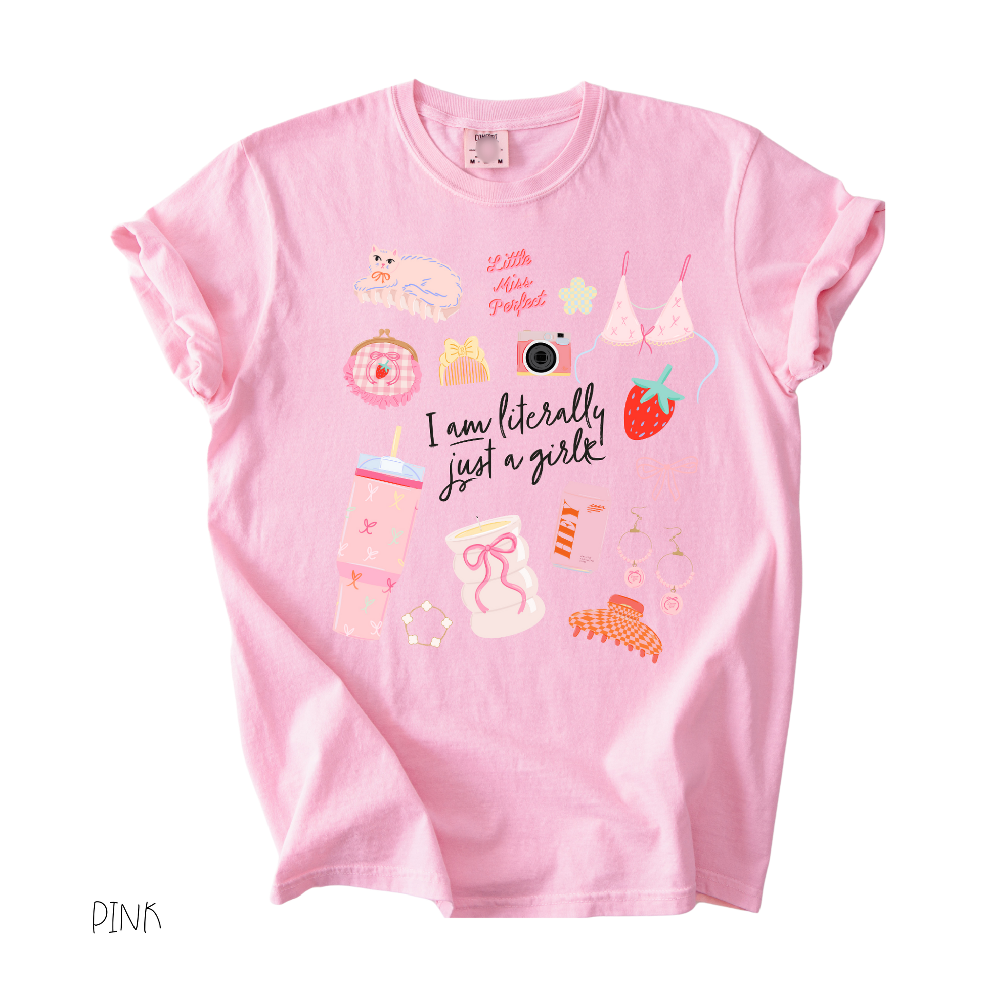 Literally Just a Girl graphic t-shirt featuring pastel girly icons, bows, camera, and cute aesthetic illustrations