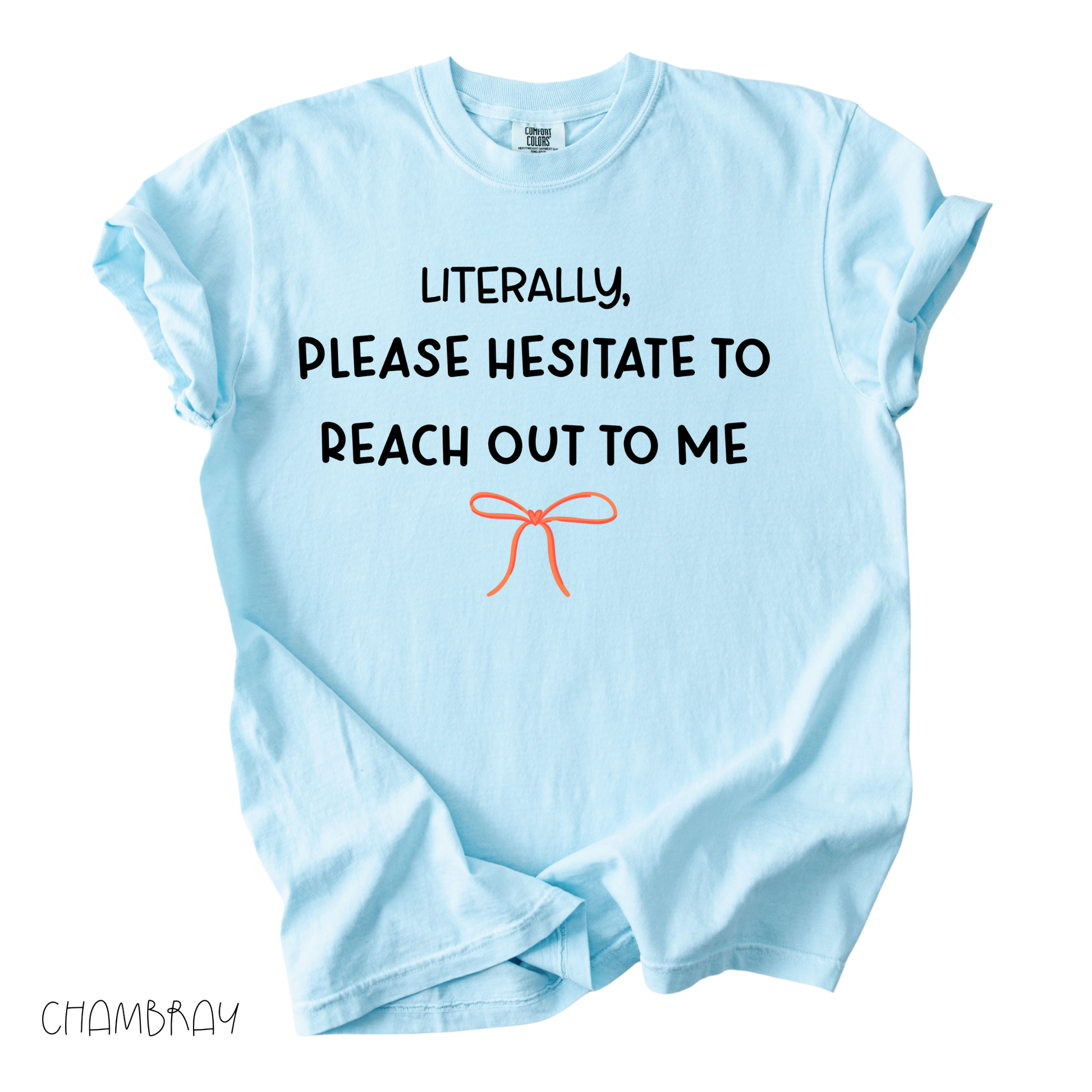 Funny girly graphic tee that says literally please hesitate to reach out to me on light blue shirt