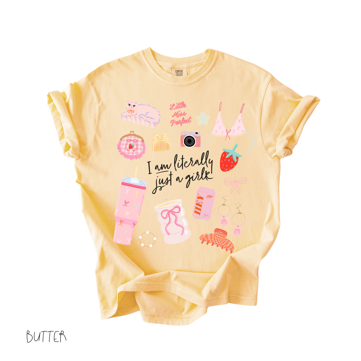 Literally Just a Girl graphic t-shirt in butter yellow with cute feminine icons