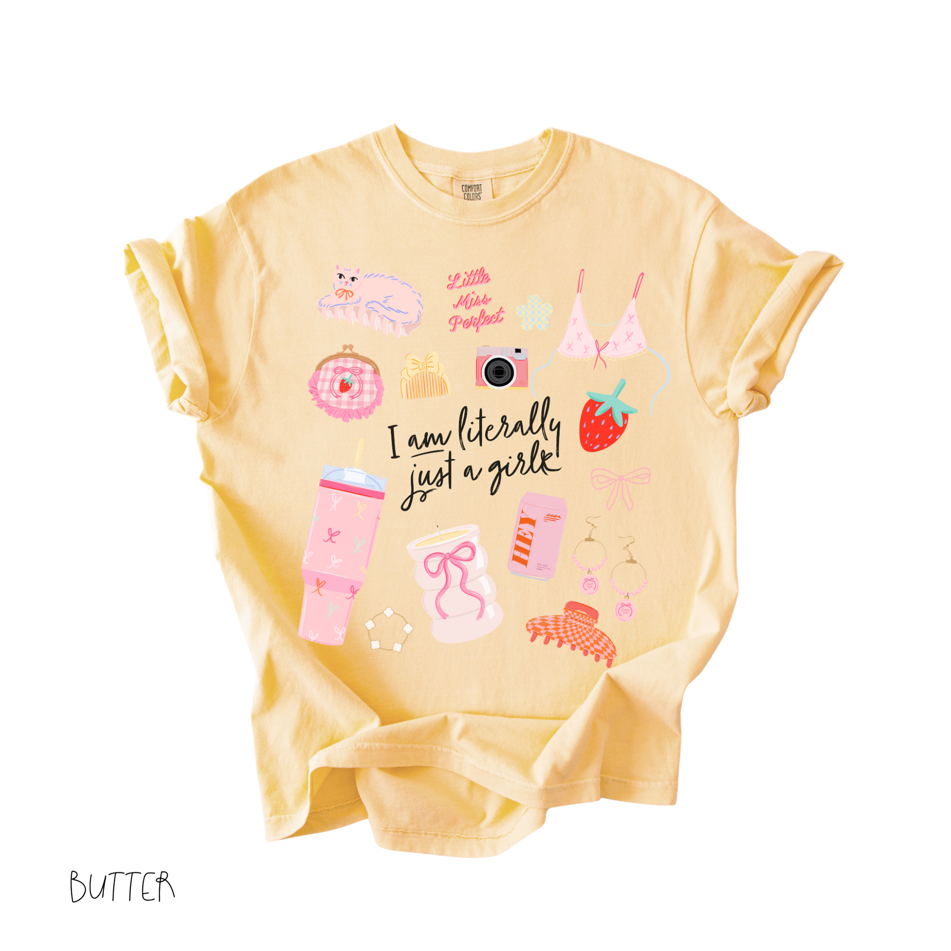 Literally Just a Girl graphic t-shirt in butter yellow with cute feminine icons