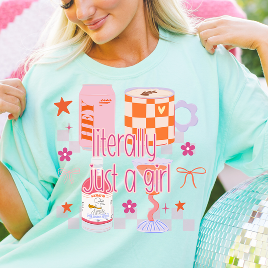 literally just a girl graphic tee with pastel gifts and bows on green shirt