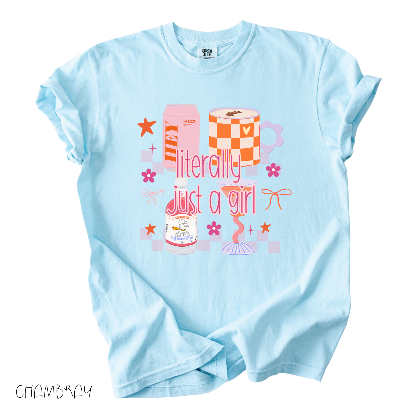 literally just a girl graphic tee with pastel gifts and bows on pink light blue shirt
