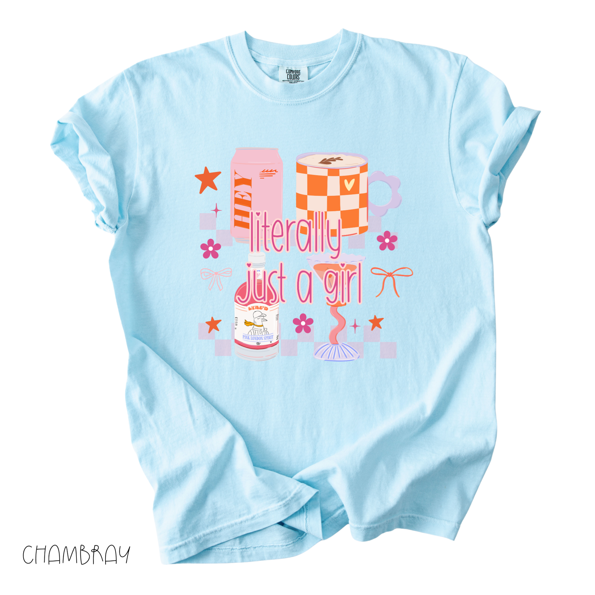 literally just a girl graphic tee with pastel gifts and bows on pink light blue shirt